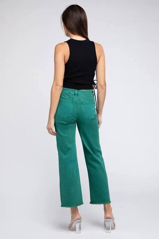 ZENANA Acid Wash Frayed Cutoff Hem Straight Wide Pants