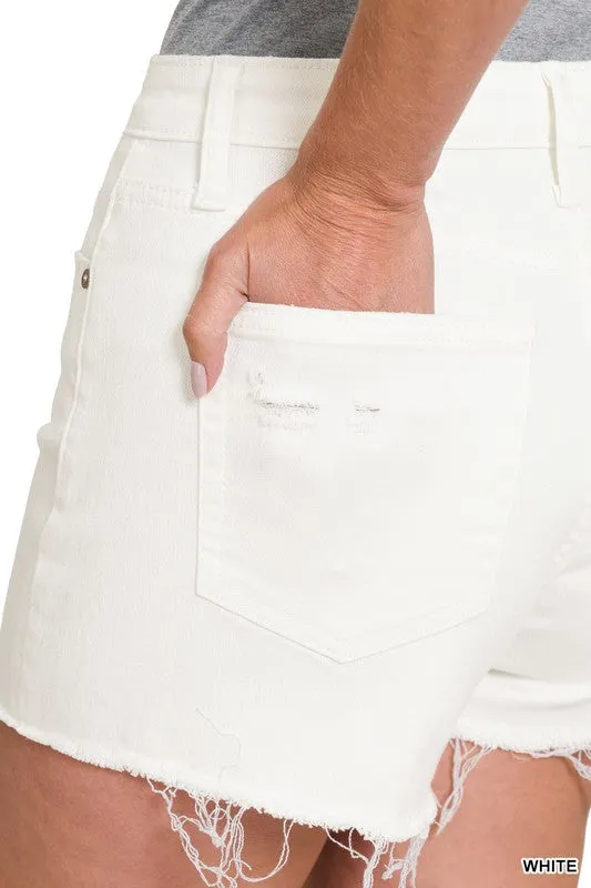 ZENANA Raw Hem White Denim Shorts